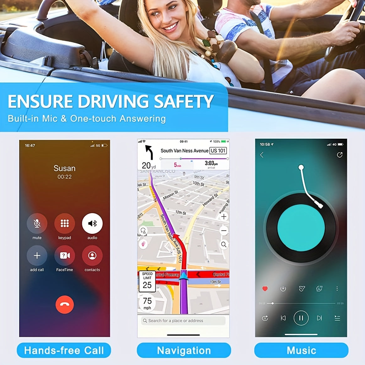 Wireless Car Receiver AUX Adapter Hands-Free Calls Noise Cancelling