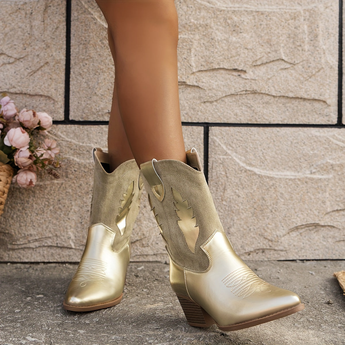 Women's Chunky Heel Cowboy Boots Slip-On Western Footwear