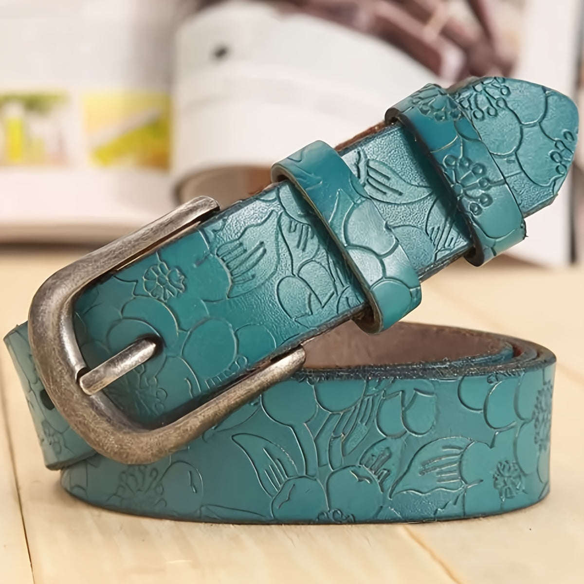 Women's Leather Flower Embossed Belt with Vintage Pin Buckle for Casual Jeans