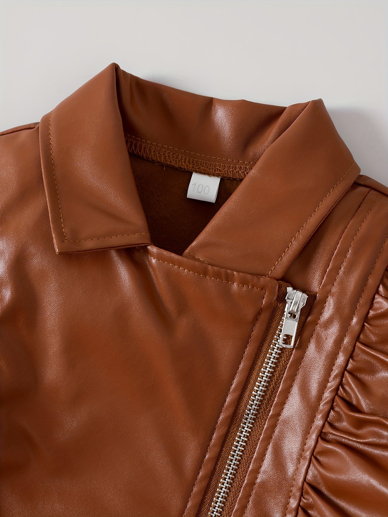 Girls' Brown Boho Chic Jacket with Ruffled Collar Long Sleeves Zipper and Button Closure for Kids