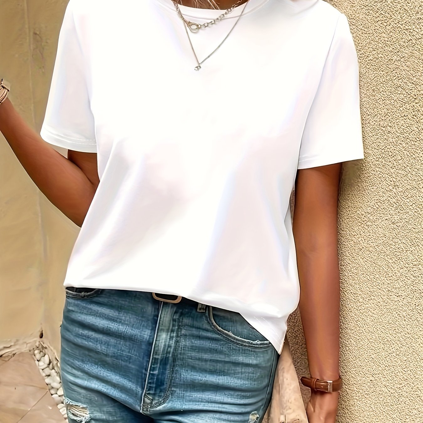 Women's Solid Color Crew Neck T-Shirt for Summer Casual Wear