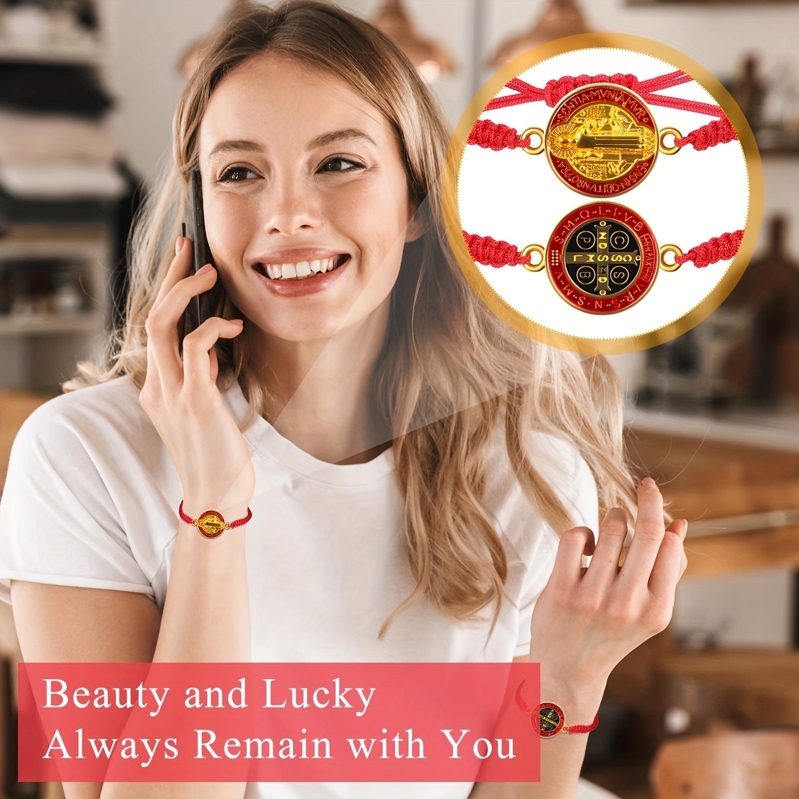 Red Knot String Bracelet with San Benito Charm Adjustable Good Luck Jewelry for Women and Men