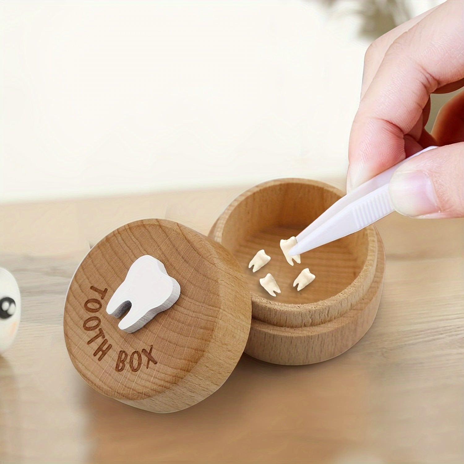 Handcarved Wooden Tooth Fairy Box for Kids with 3D Tooth Holder and Keepsake Storage