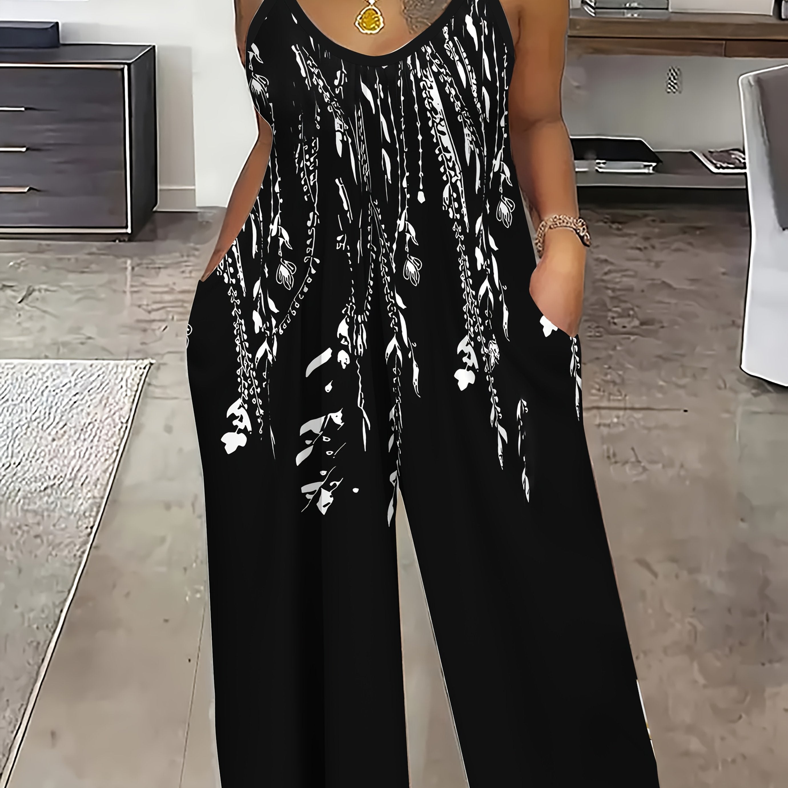 Women's Sleeveless Geometric Print Jumpsuit with Pockets and Spaghetti Straps