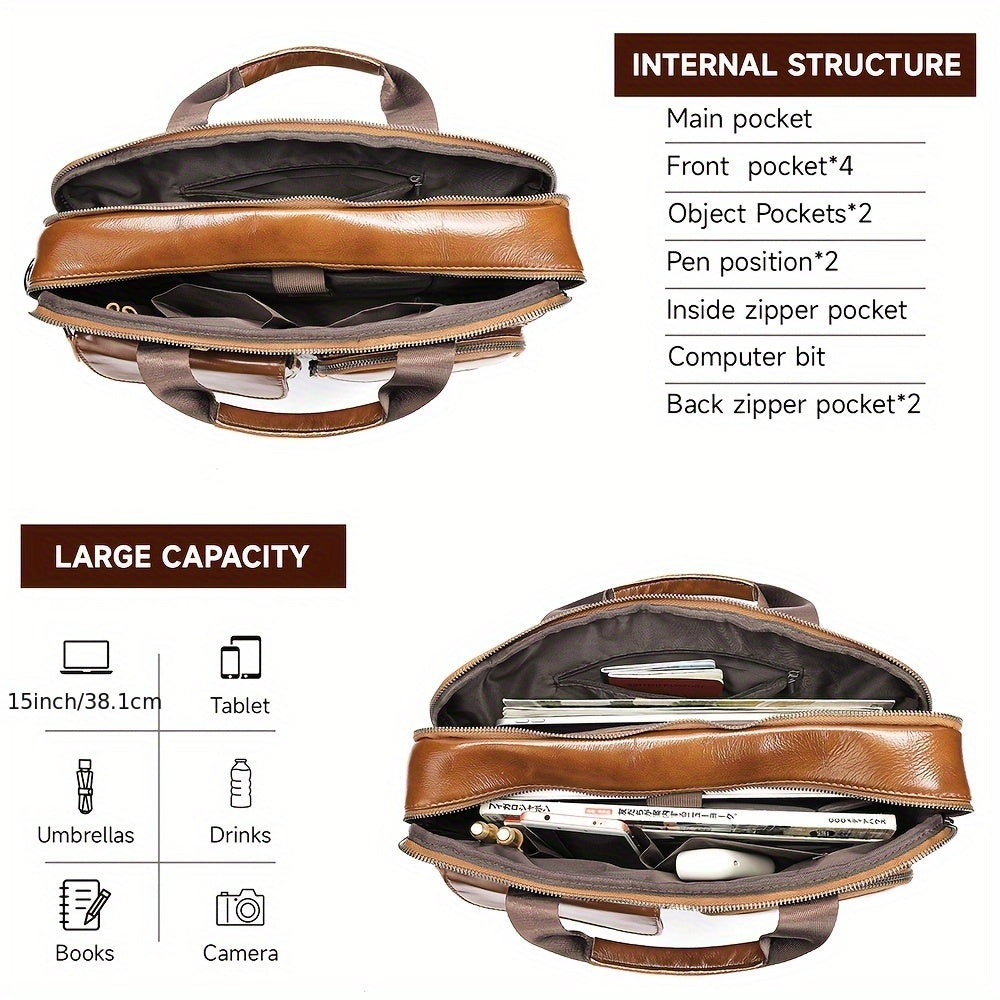 Maletín de negocios de cuero para hombre con compartimento para portátil y correa ajustable en marrón