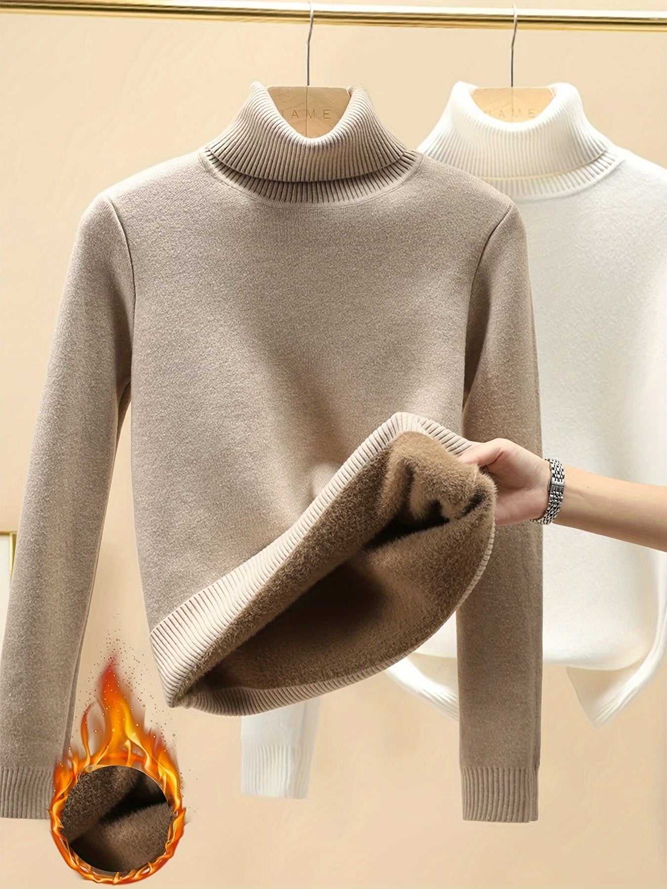 Women's High-Neck Fleece Sweater Solid Color Knit Fall Winter Casual