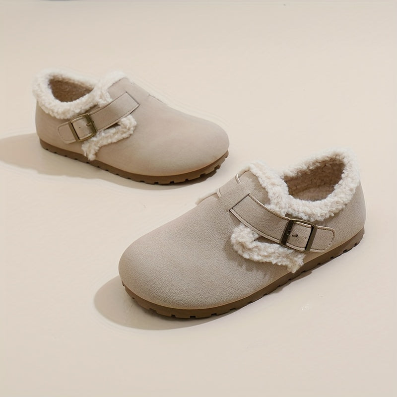 Women's Flannel-Lined Ankle Booties Casual Flat Heel Buckle Closure