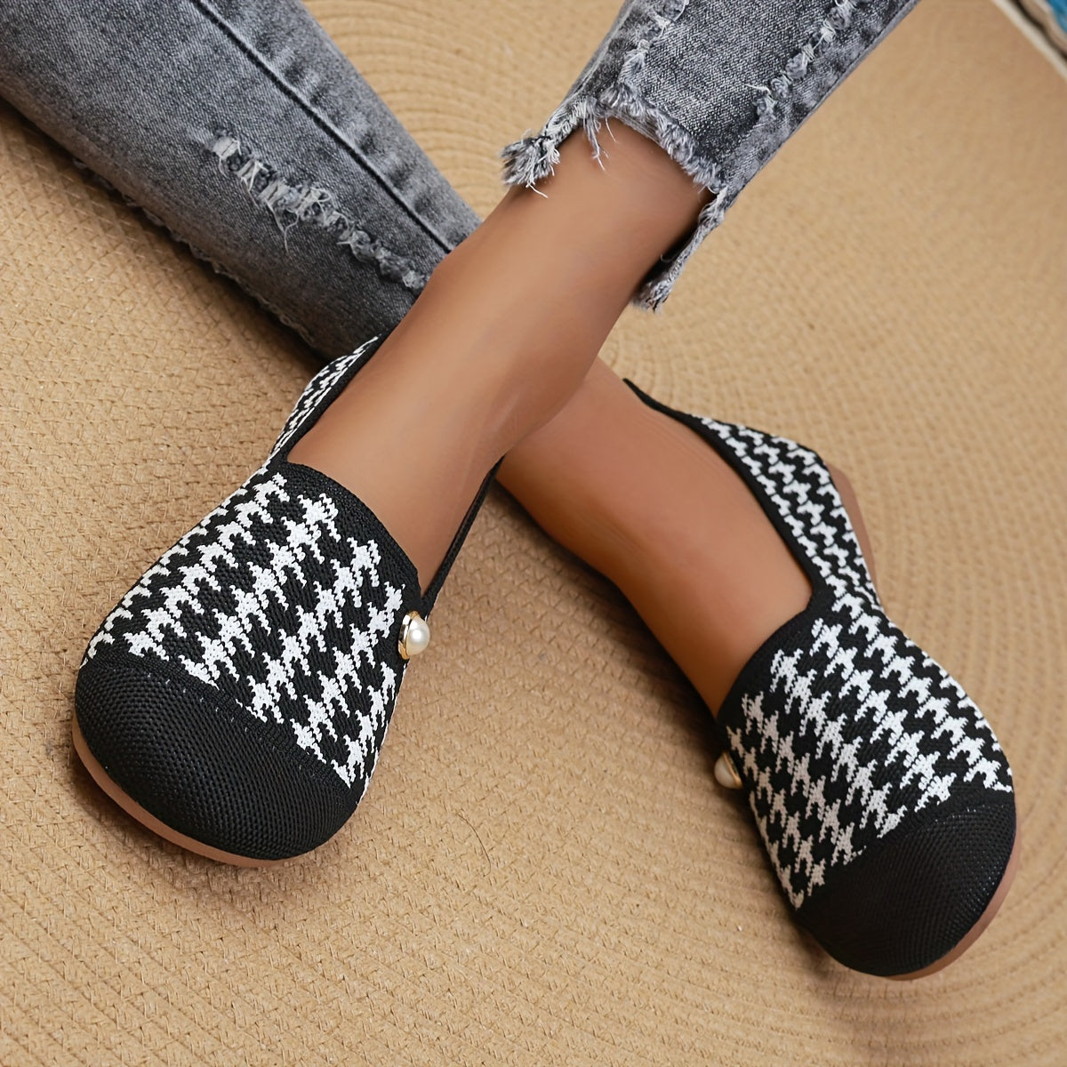 Women's Houndstooth Slip-On Flats Breathable Fabric All-Season Shoes