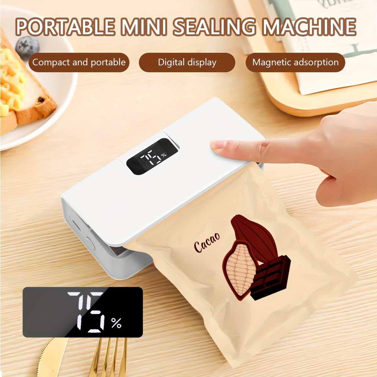Mini Snack Sealer USB qayta tiklanadigan raqamli displey 6 tezlikli kompakt oziq-ovqat yopishqoq