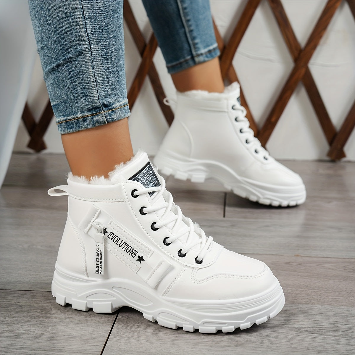 Women's Winter High-Top Boots Fleece Lined Rubber Sole Lace-Up Mid-Heel