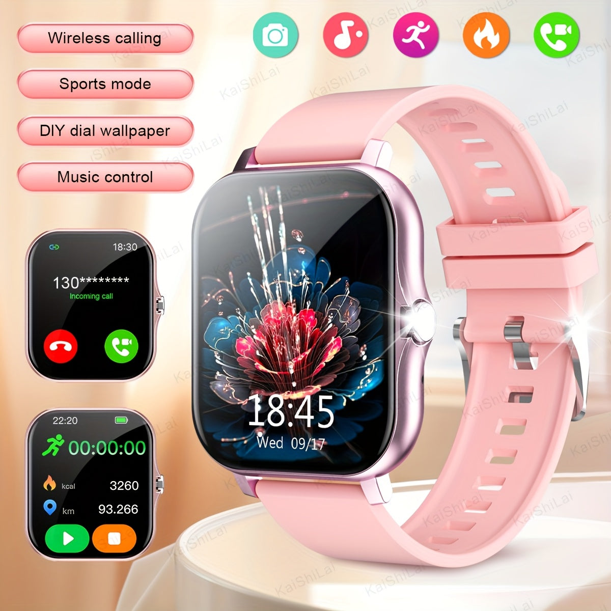 4.65cm HD Full Screen Touch Smartwatch with Call, Heart Rate, Blood Pressure, Step and Distance Tracking for iPhone and Android