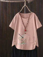 Plus Size Dragonfly Print Blouse with Crew Neck Short Sleeves for Spring Summer