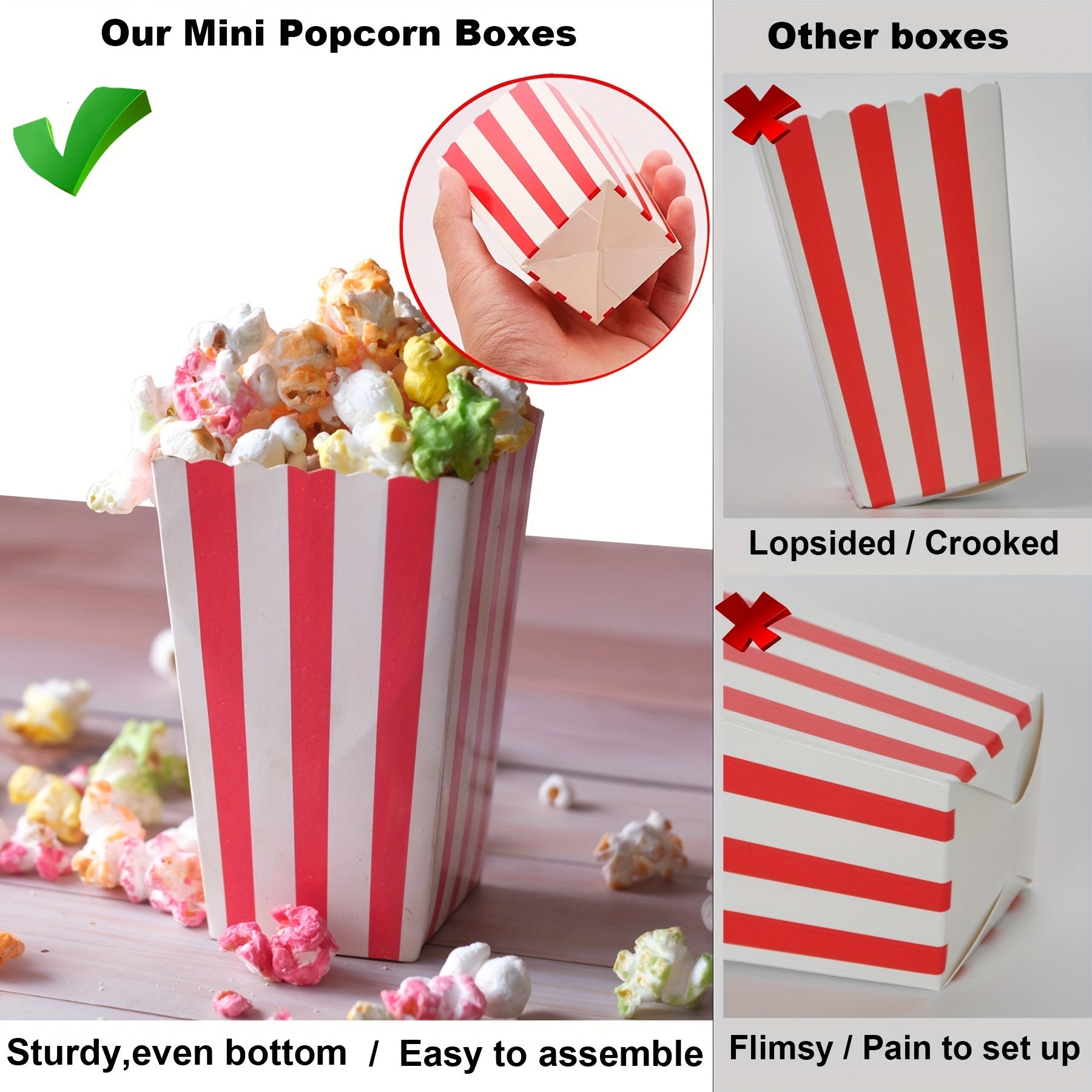 100 Disposable Red and White Popcorn Boxes 2.27oz for Movie Theater Carnival