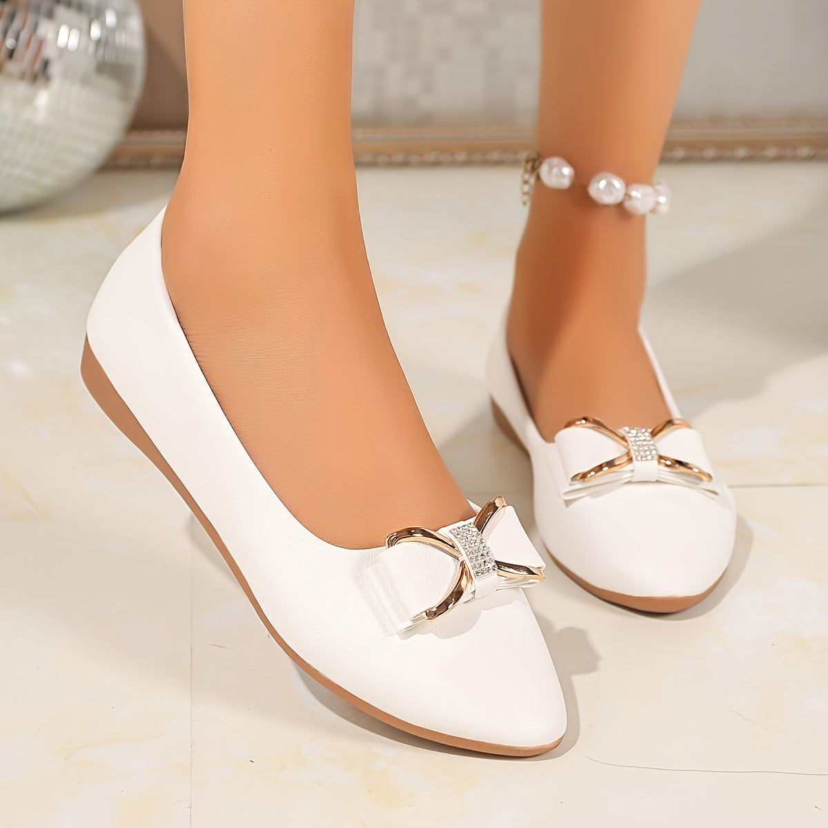 Women's Rhinestone Bow Flats Slip-On Round Toe Lightweight Casual Shoes