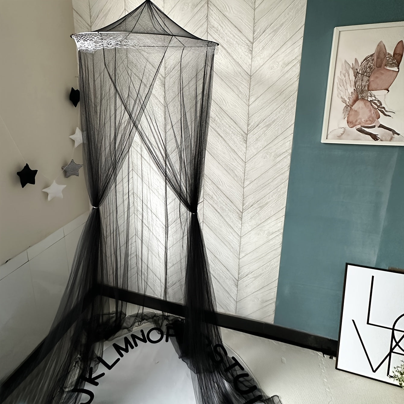 Black Dome Mosquito Net for Single Double Queen Beds with Lace Trim
