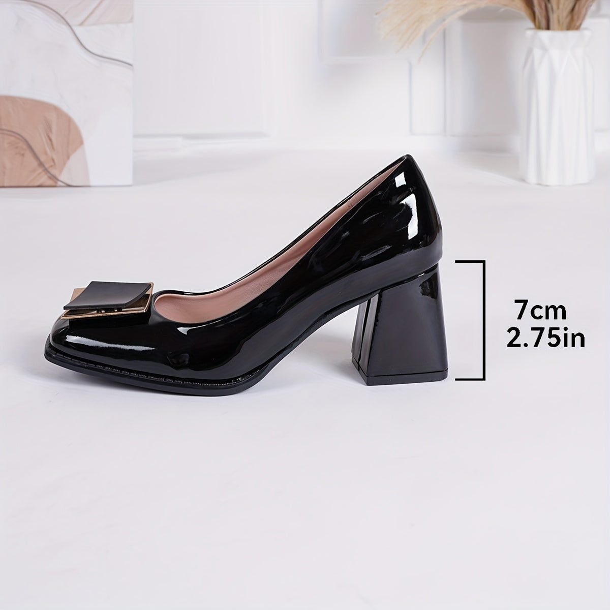 Women's Black Synthetic Square Toe Pumps with Metallic Accents and Chunky Heel