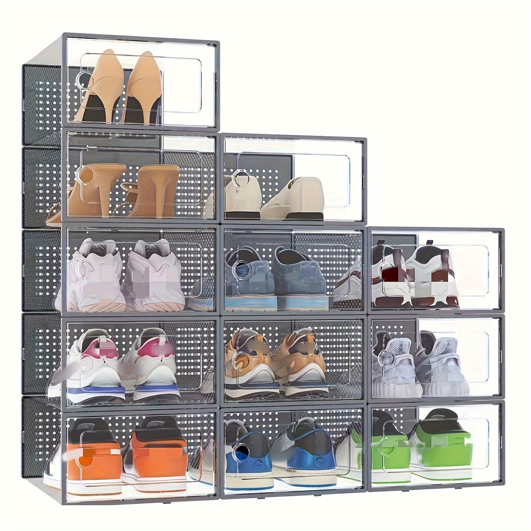 12 Pack Black Transparent XL Plastic Shoe Storage Boxes with Lids
