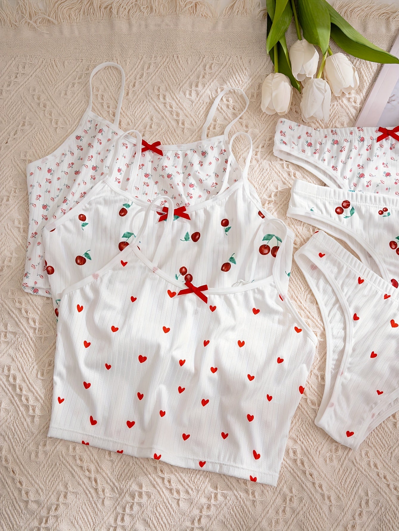 Women's Floral Print Lingerie Set with Ribbed Cami Bra and Bow Decor