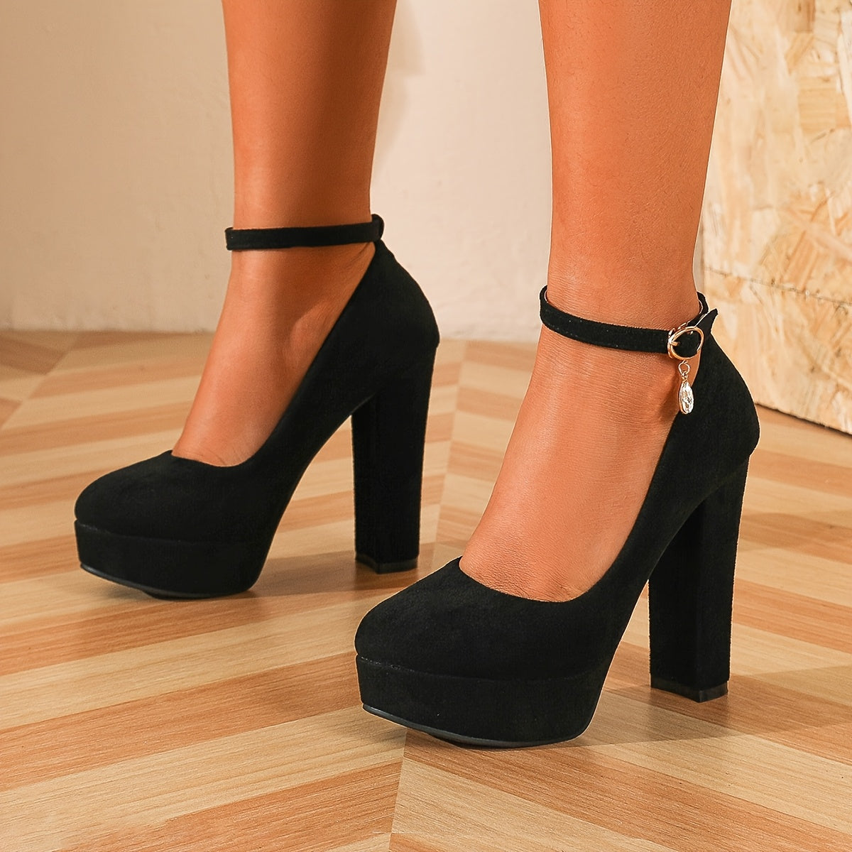 Women's High Heel Pumps Black Platform Round Toe Buckle Party Shoes