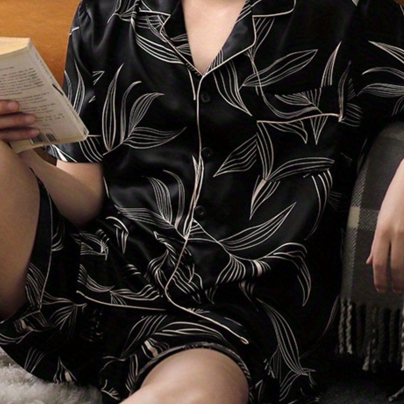 Men's Summer Floral Pajama Set Short Sleeve Lapel Collar Polyester Elastane Black