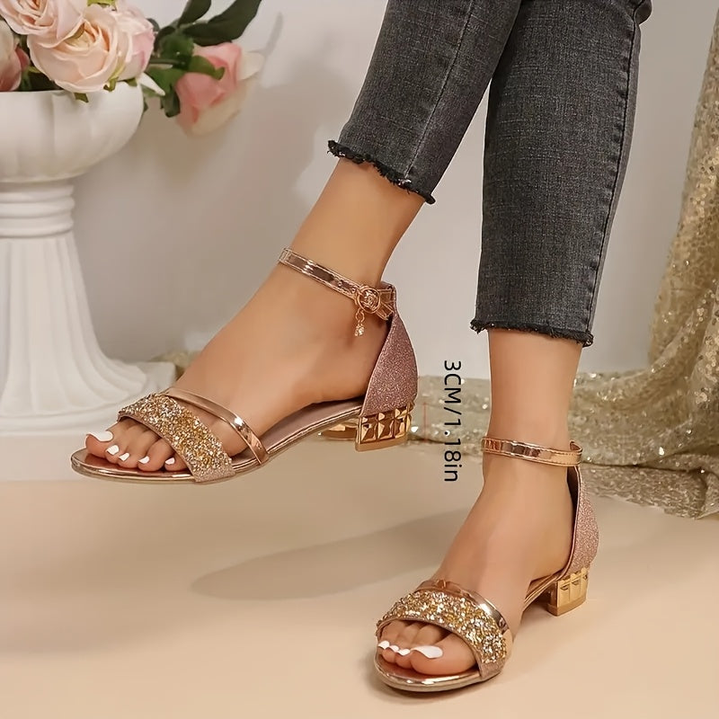 Women's Glittery Ankle Strap Low Heel Sandals with Rubber Sole