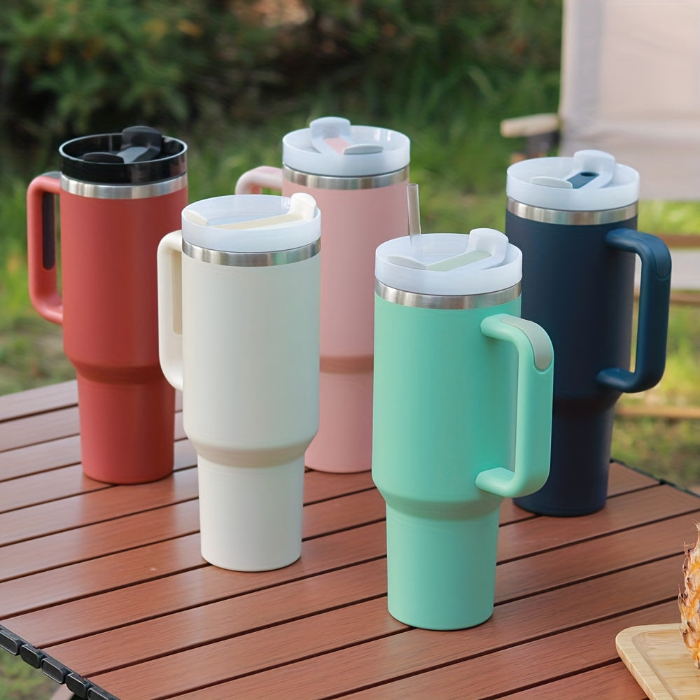 Taza de viaje de acero inoxidable con tapa y asa para bebidas de verano