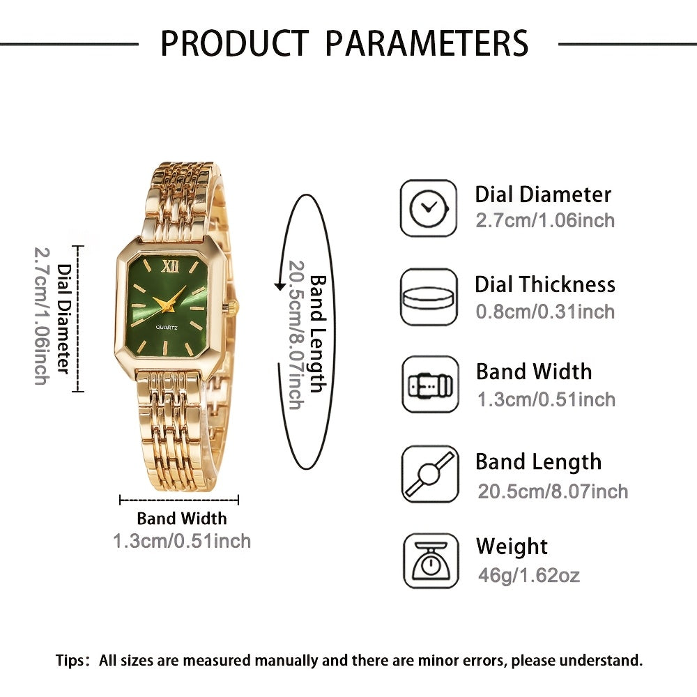 Women's Quartz Watch with Gold-Tone Rectangle Case, Multi-Color Dial, Shockproof Alloy