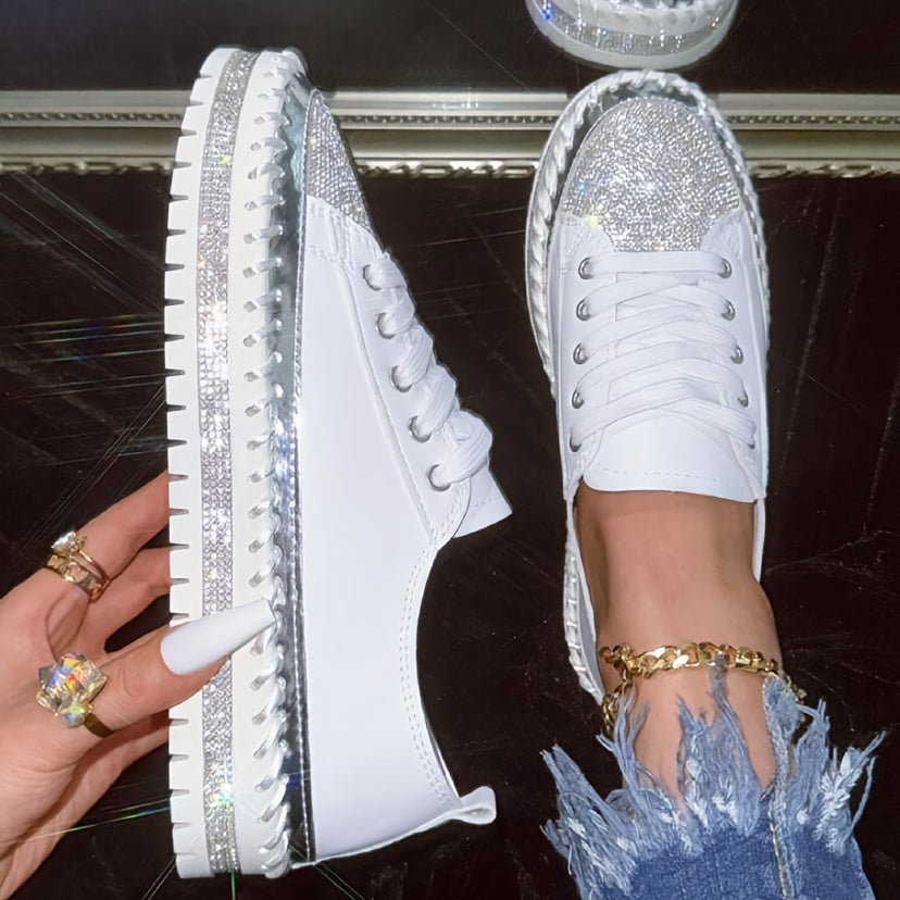 Women's Rhinestone Sneakers Platform Casual Shoes White Lace-Up Flats Plus Size