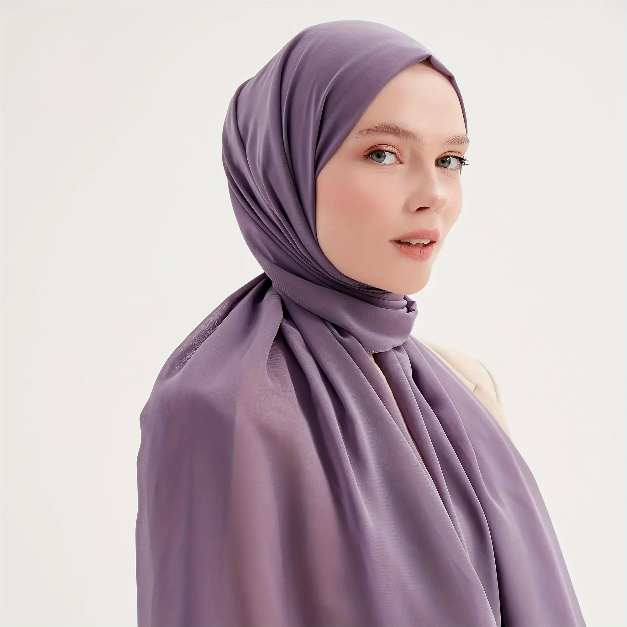 Women's Breathable Chiffon Hijab Solid Pearl Embellishments Ramadan Comfortable