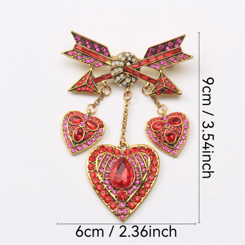 Rhinestone Enamel Heart Brooch with Fringe and Love Arrow Pin for Women