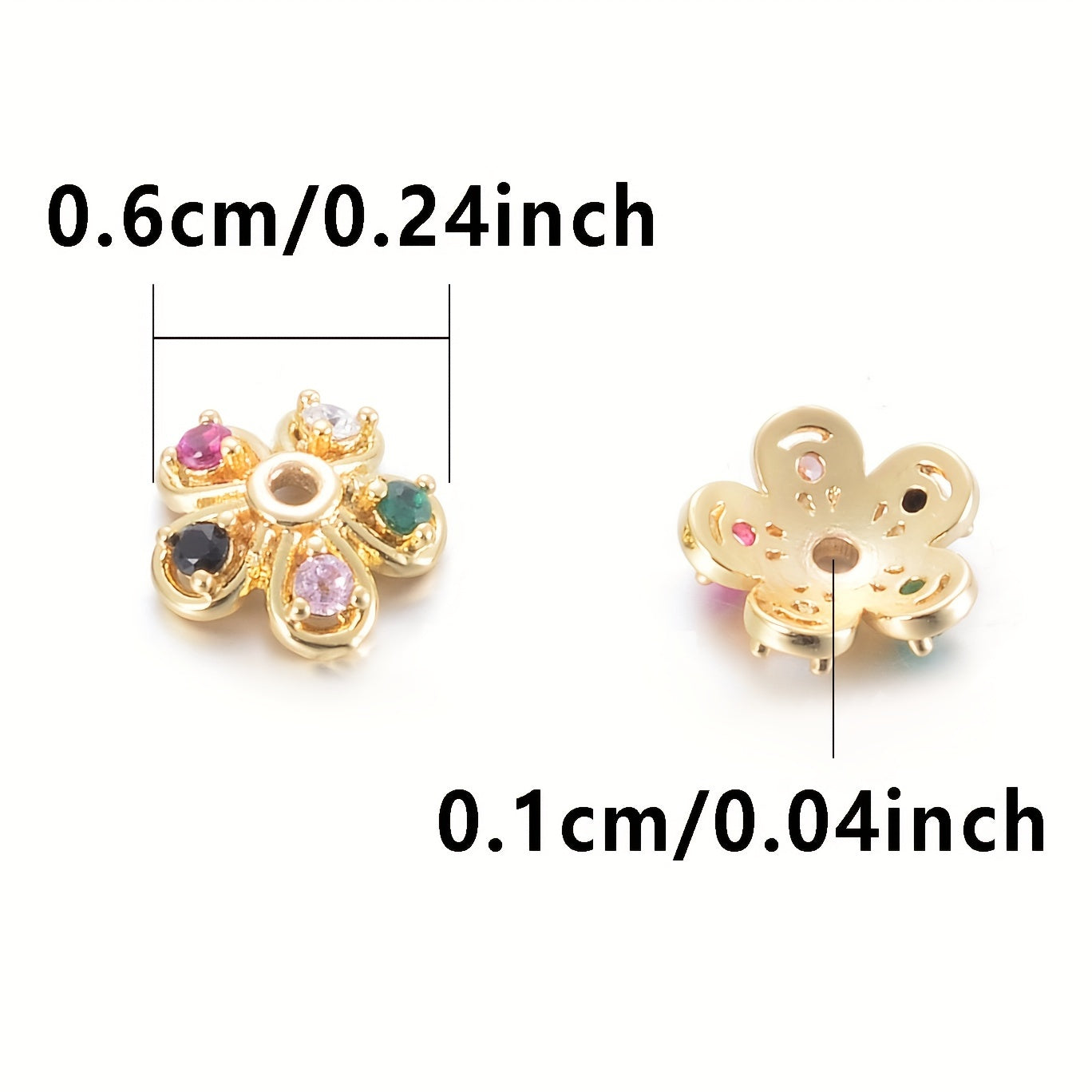 Brass Flower Bead Caps Set of 20 with Synthetic Cubic Zircons 6mm 8mm 10mm