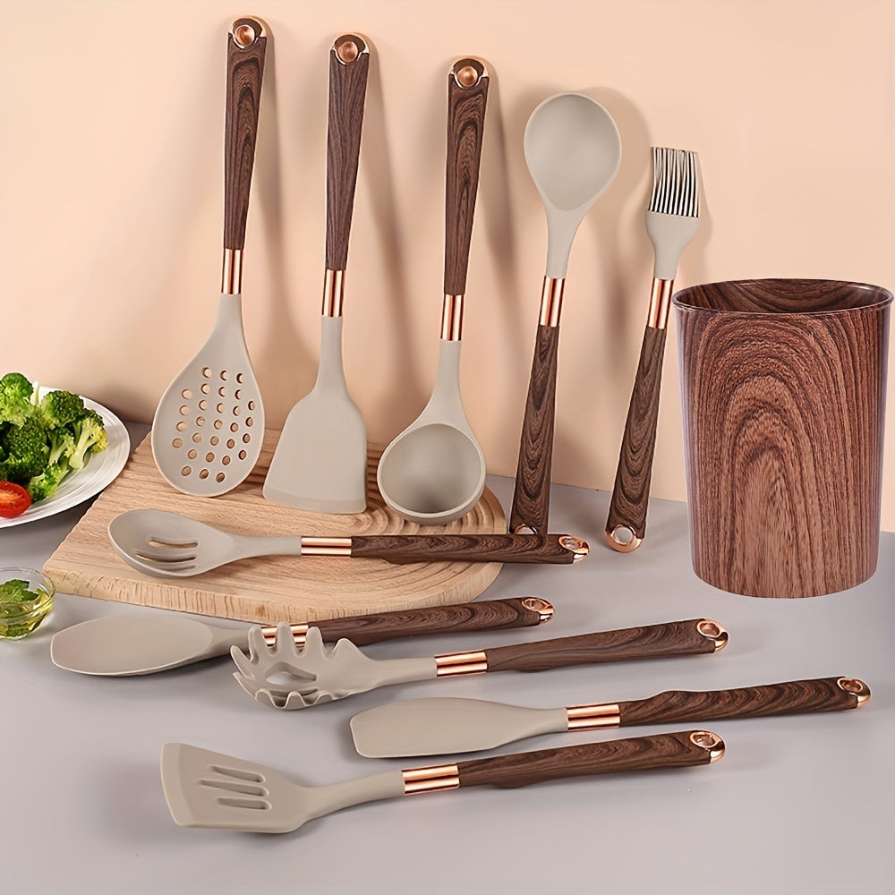 Silicone Kitchen Utensils Set Non-Stick Cookware Tools with Wooden Handles