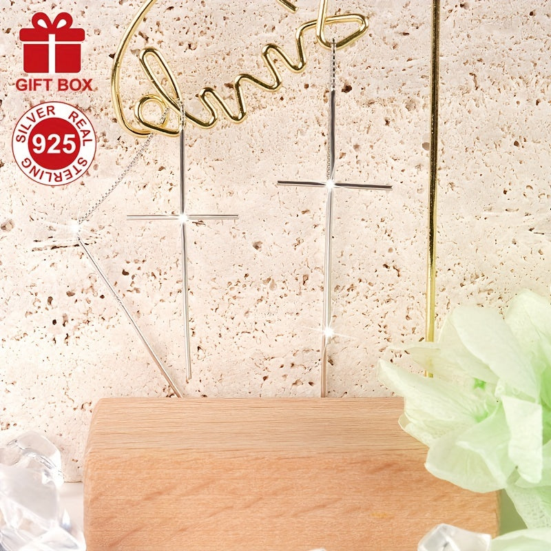 Pendientes largos de plata de ley con borla y hilo de oreja en forma de cruz para mujeres