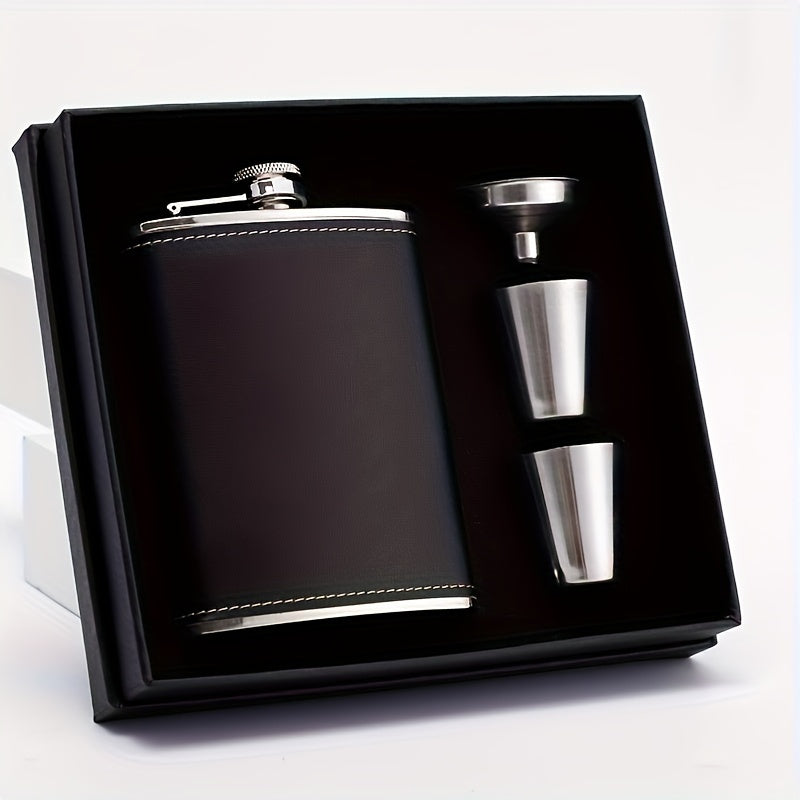 Black Leather Lychee Print Flask Gift Set 8oz Stainless Steel Leak-Proof Bottle