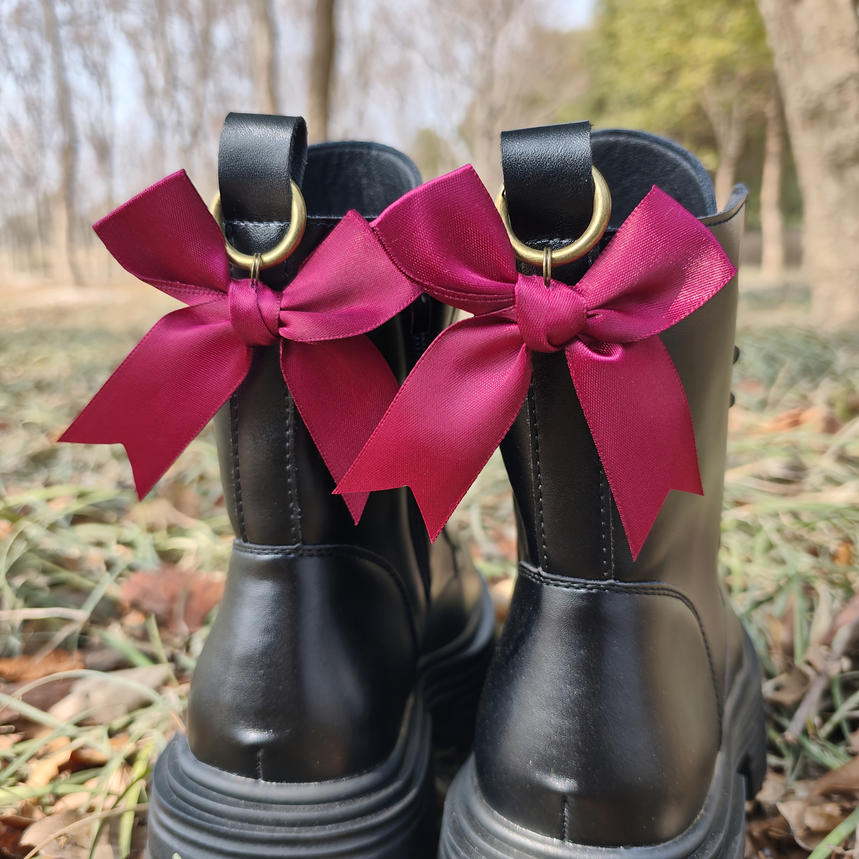 Women Girls Black Pink Satin Bow Shoe Charms Footwear Accessories 2 Pcs