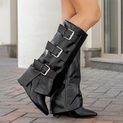 Women's Black Knee-High Boots with Buckle Straps Pointed Toe Wedge Heel