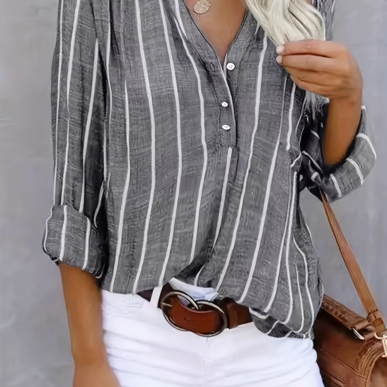 Plus Size Stripes Print Blouse V Neck Button Long Sleeve Pocket Casual Women