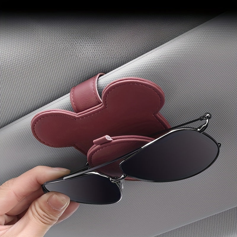 Car Sun Visor Card Holder Leather Clips Red Mouse Design Compact Organizer