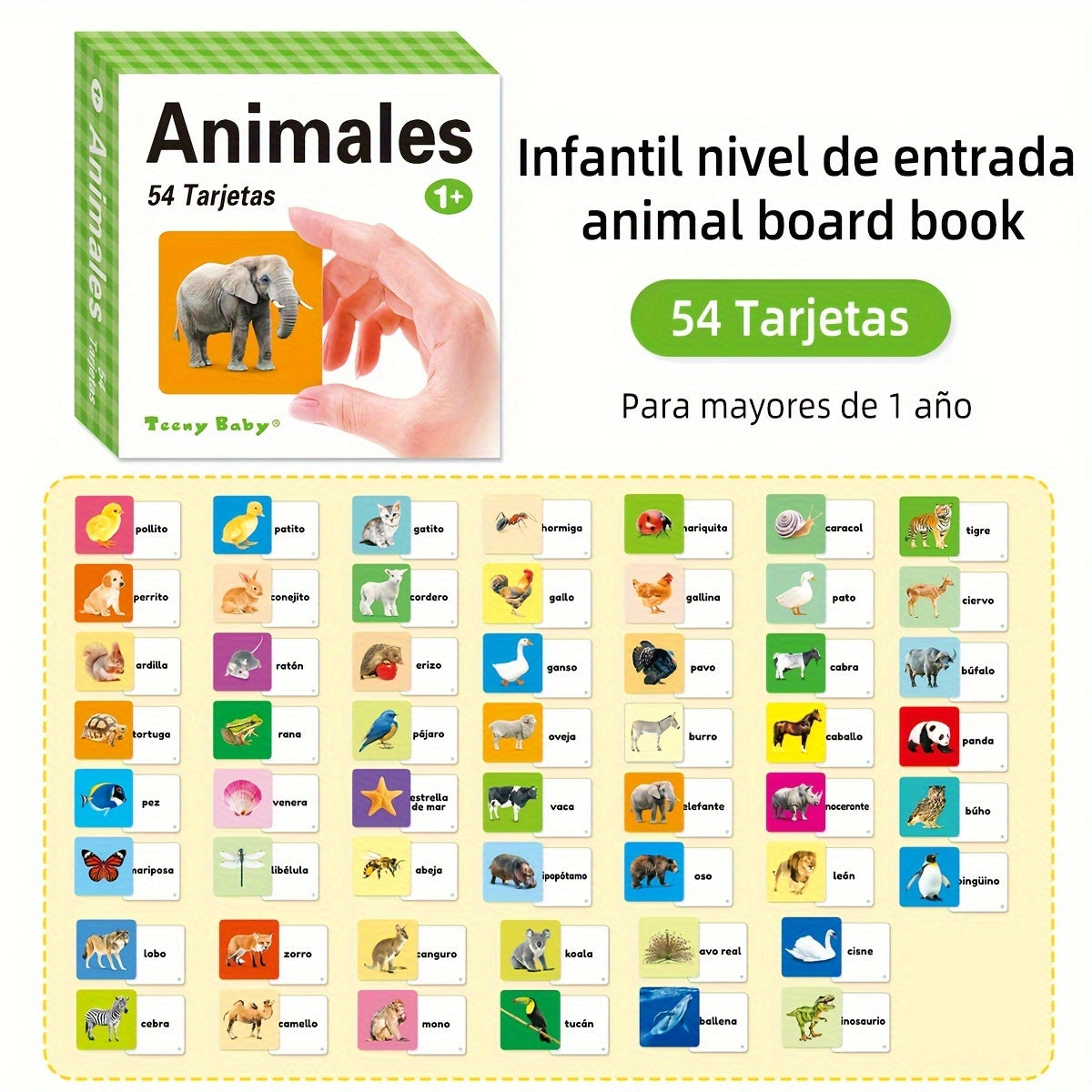 Juego de tarjetas de palabras de animales para niños en español con imágenes y esquinas redondeadas