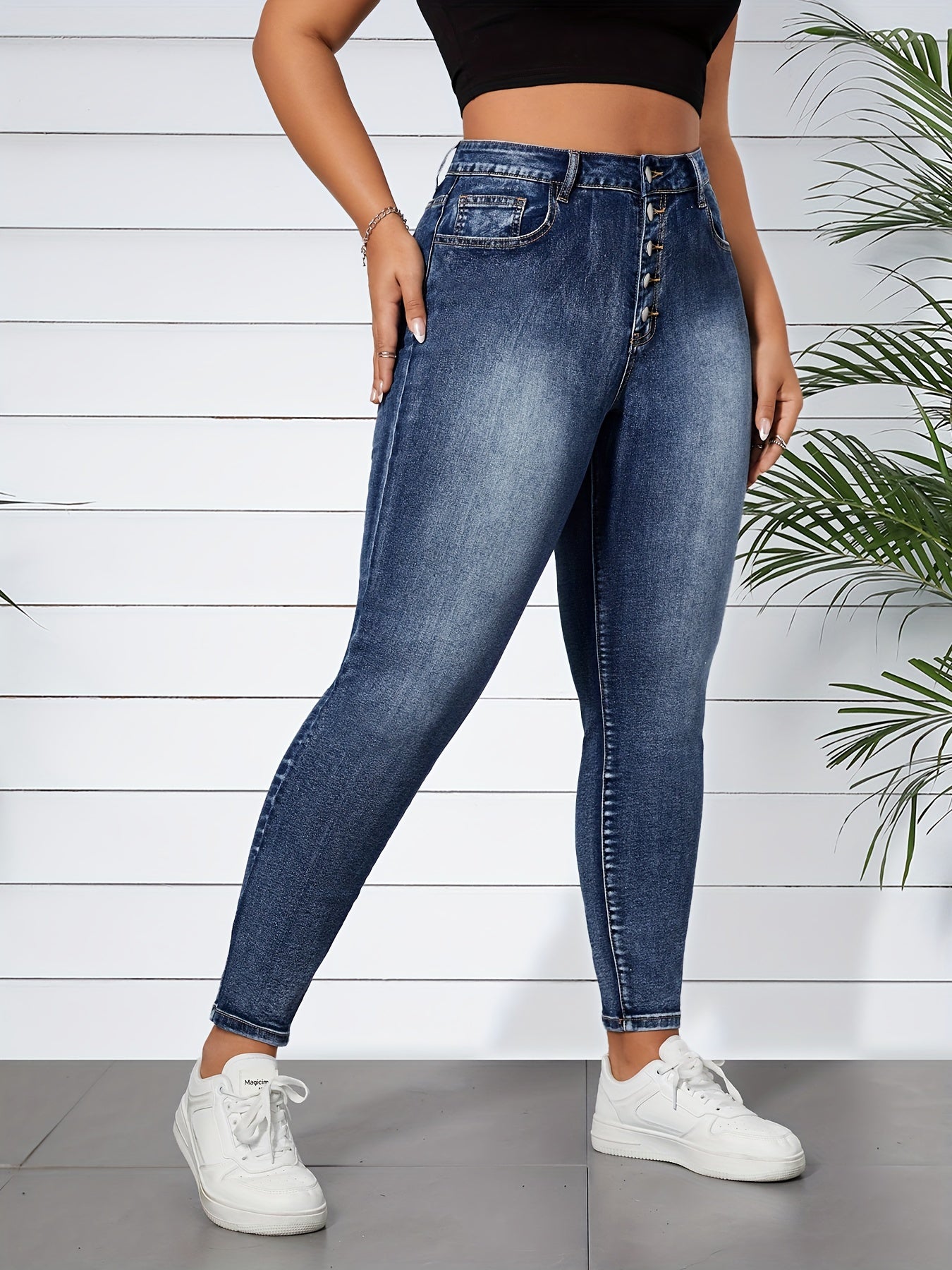 Women's High-Waisted Blue Denim Jeans with Button Fly Streetwear Style