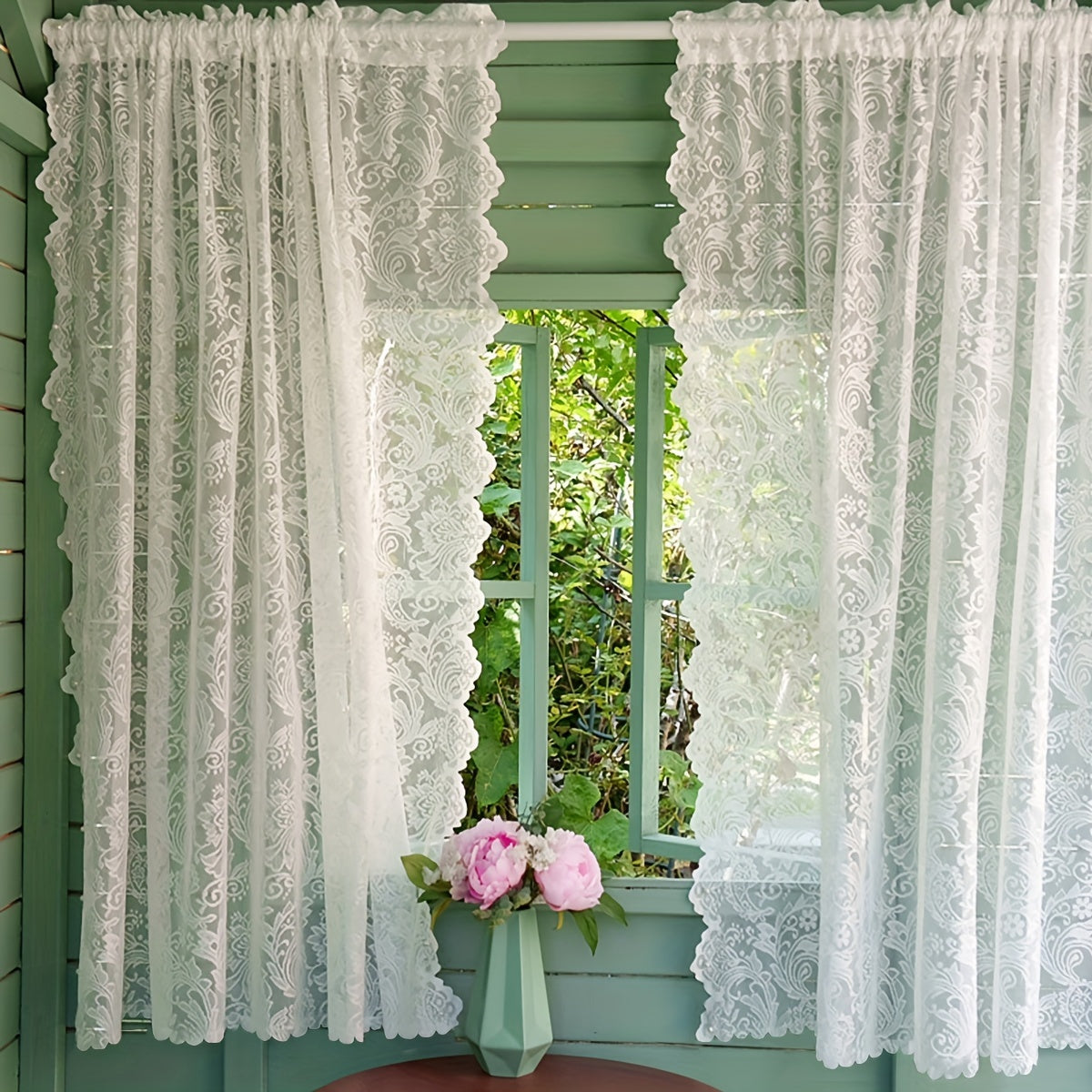 Small Flower Yarn Rod Pocket Curtain with Beads and Lace for Kitchen Bedroom Living Room