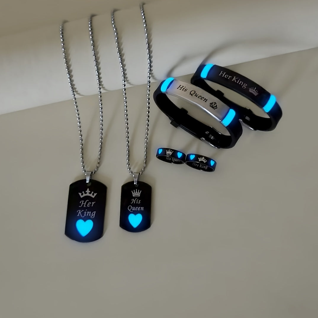 Набор ювелирных украшений из нержавеющей стали «Любовная корона» из 6 предметов для пар: ожерелье, браслет, кольцо, подарок