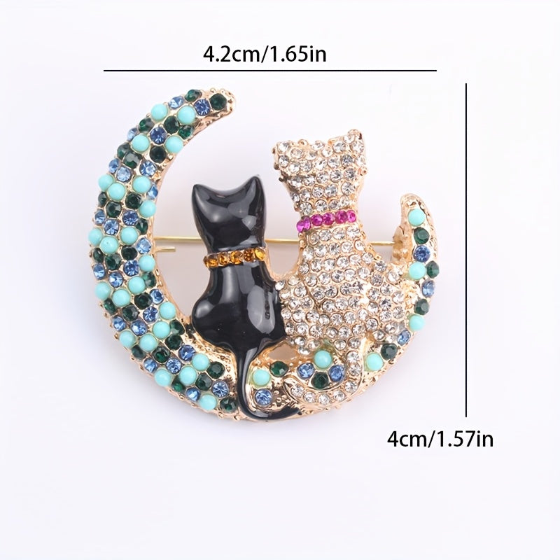 Rhinestone Cat and Moon Brooch Pin Alloy Fashion Accessory for Women