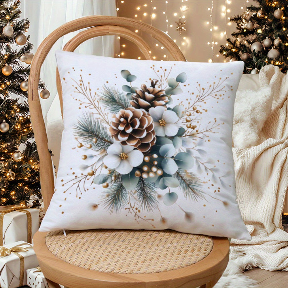 Machine Washable Zippered Polyester Throw Pillow Covers with Pine Cone and Christmas Flower Designs