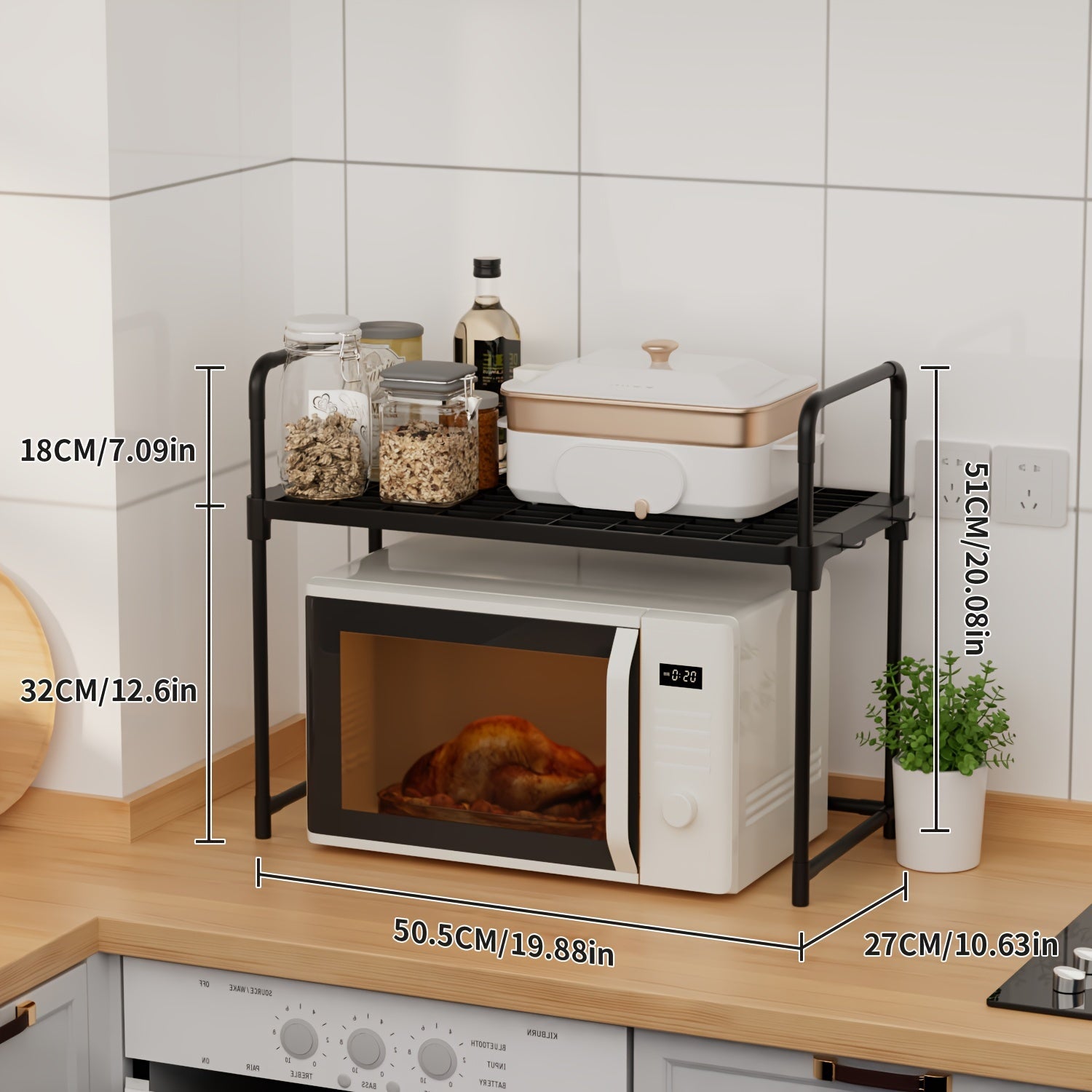 Durable Plastic Microwave Stand with Oven Shelf Hooks and Open Storage