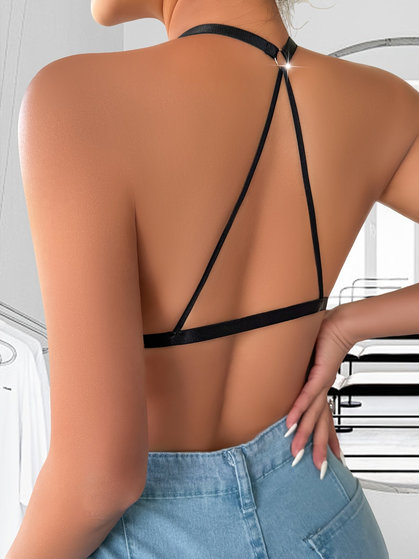 Women's Solid Color Lace-Up Nylon Lingerie Bra with Lace Splicing