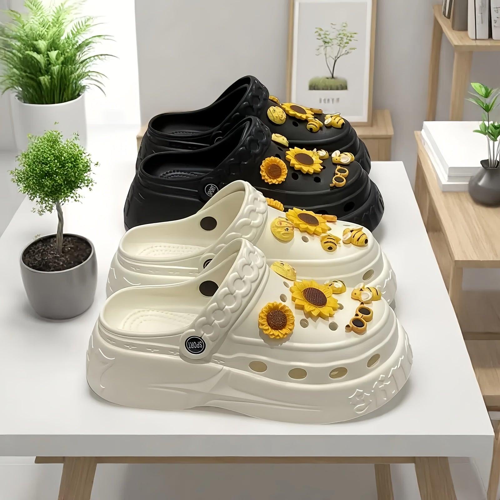 Women's EVA Summer Shoes with Sunflower Bee Design and Thick Sole