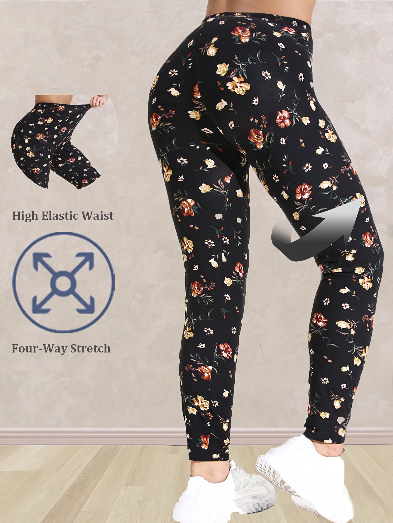 Leggings de yoga para mujer de tallas grandes con estampado floral y cintura alta | Pantalones de compresión de longitud 7/8