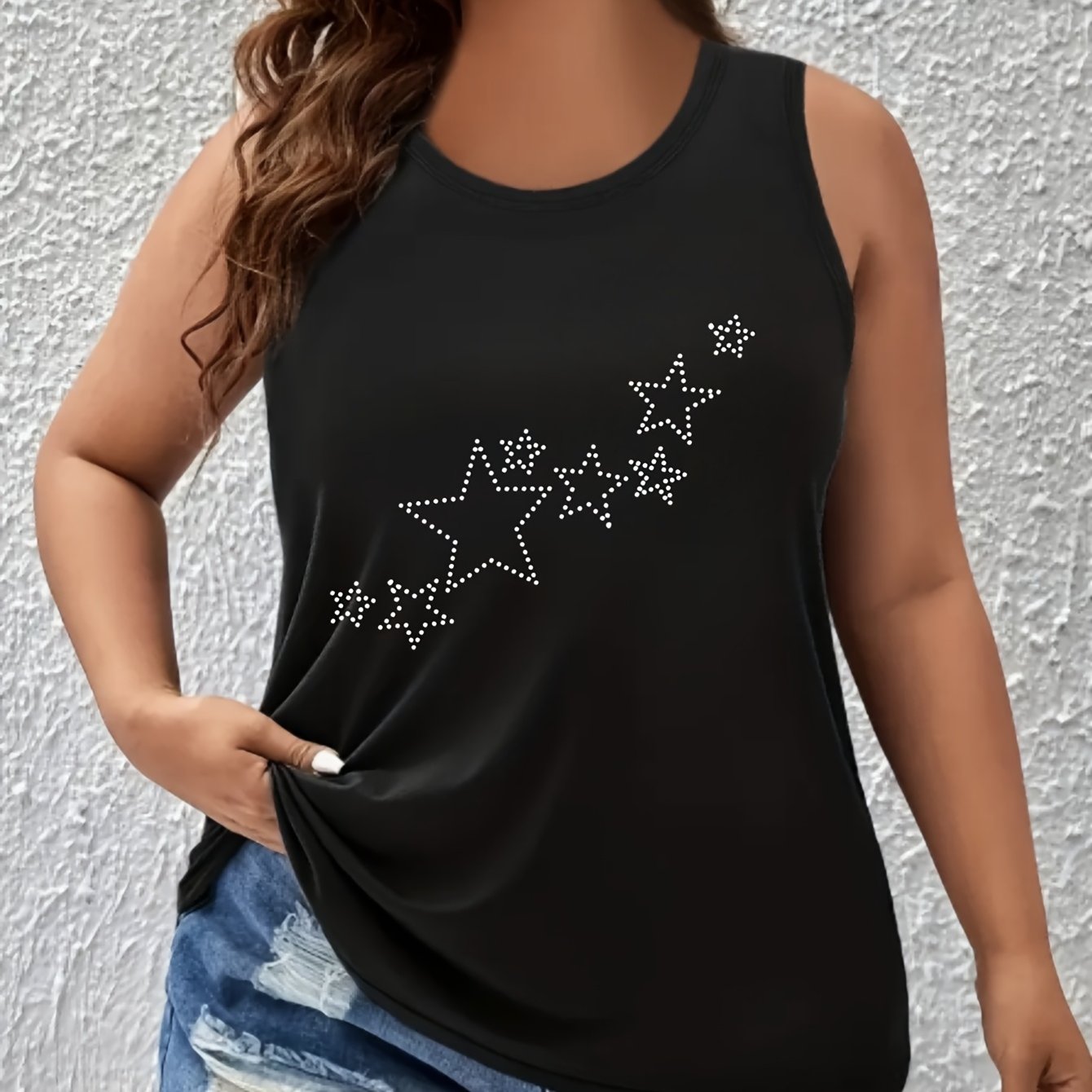 Women's Plus Size Sleeveless Tank Top with Galaxy Star Print Casual Summer Top