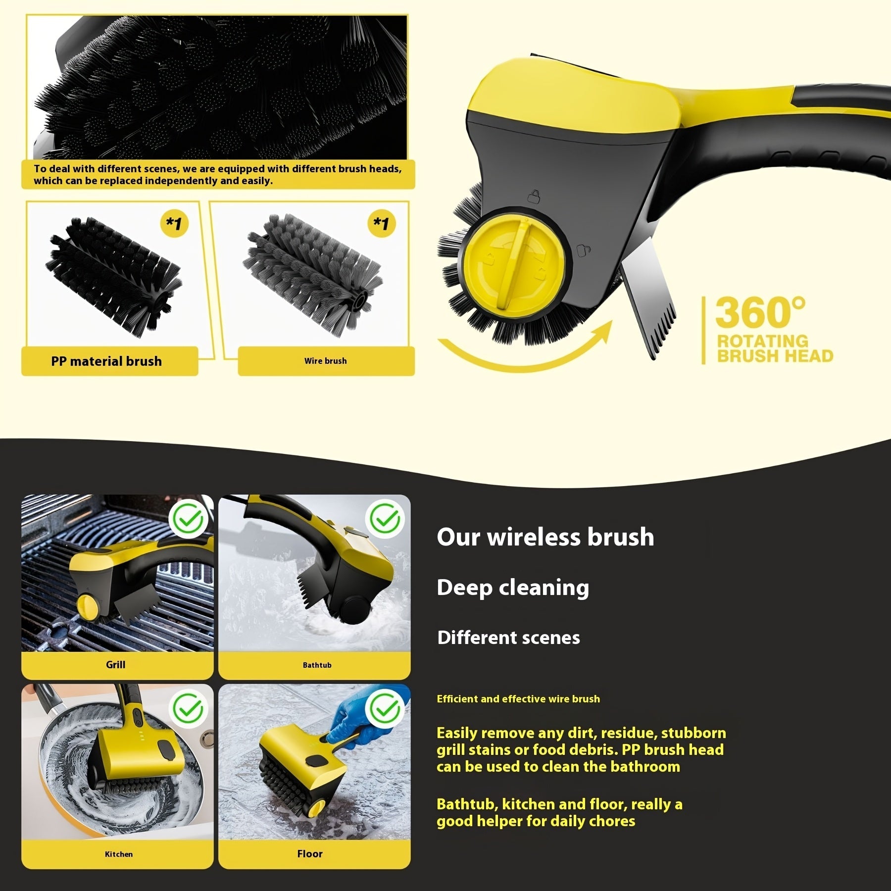Беспроводная электрическая щетка для чистки гриля с заменяемой щеткой, подходит для чистки плитки на кухне.